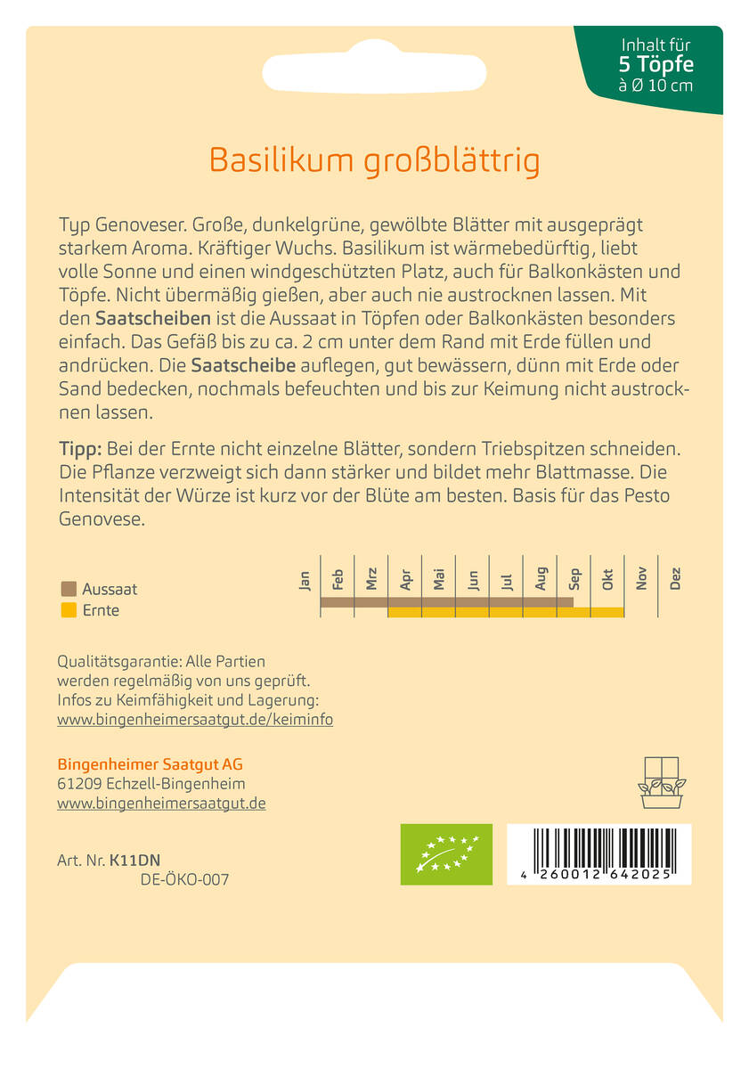 Bingenheimer Saatgut Basilikum großblättrig Saatscheibe Bingenheimer Saatgut Basilikum großblättrig Saatscheibe