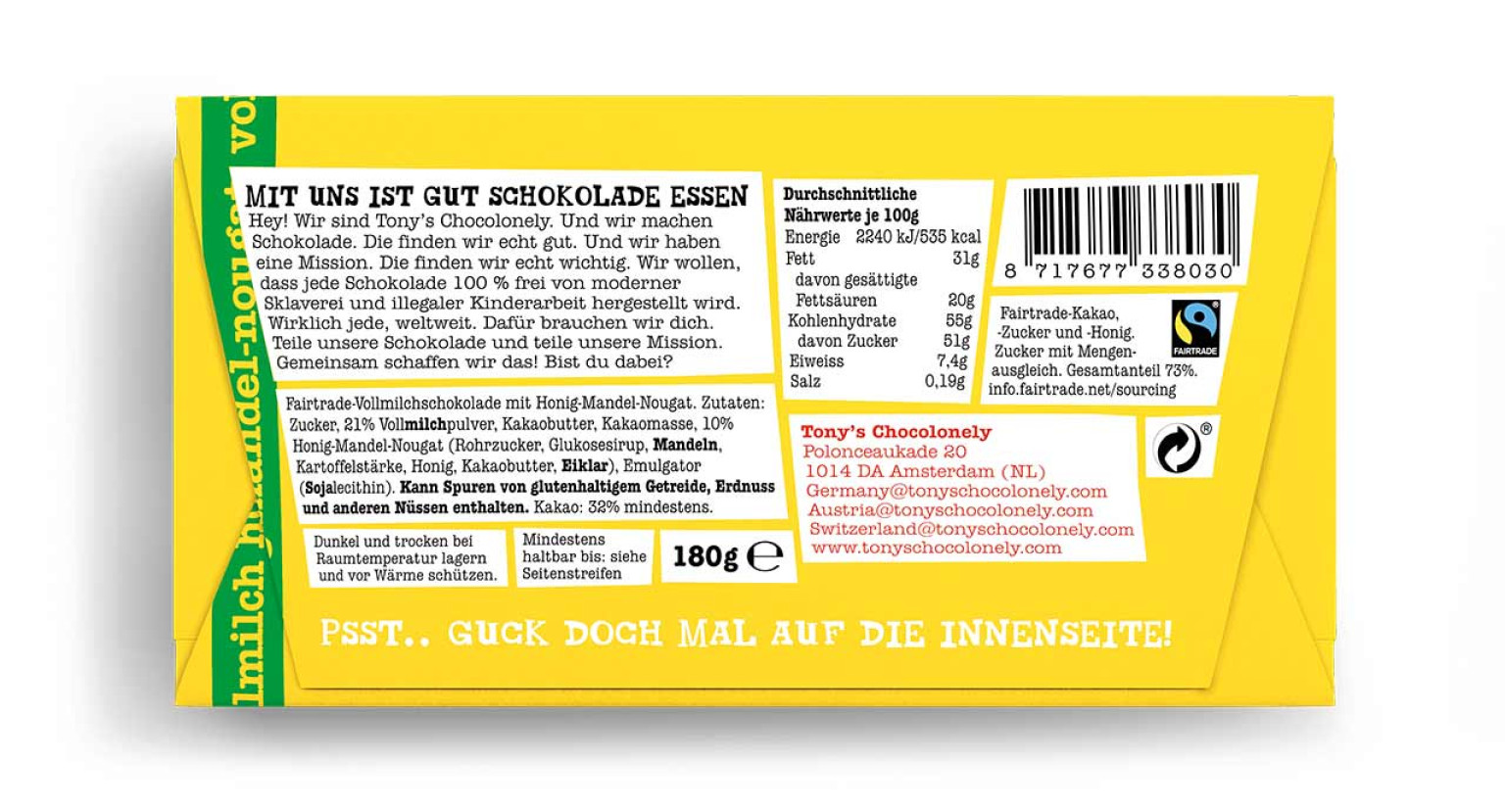 Vollmilchschokolade 32% Honig Mandel-Nougat, 180g Vollmilchschokolade 32% Honig Mandel-Nougat, 180g
