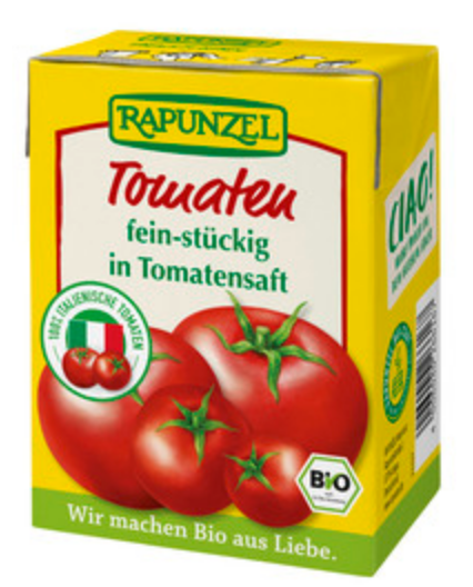 Rapunzel Bio Tomaten fein-stückig in Tomatensaft im Tetra Pak Rapunzel Bio Tomaten fein-stückig in Tomatensaft im Tetra Pak 390g